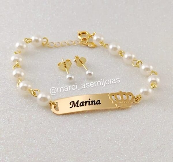 Conjunto Infantil Personalizado Em Perolas Coroa Banho ouro 18k - Image 2