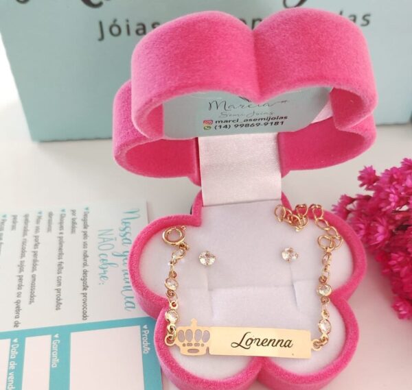 Conjunto Infantil Personalizado Pulseira coroa em Ponto De Luz + Brinco