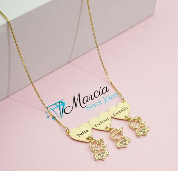 Gargantilha Personalizada Canquinha 6 Corações 6 Bonecos Cravejado Nomes Banho De Ouro