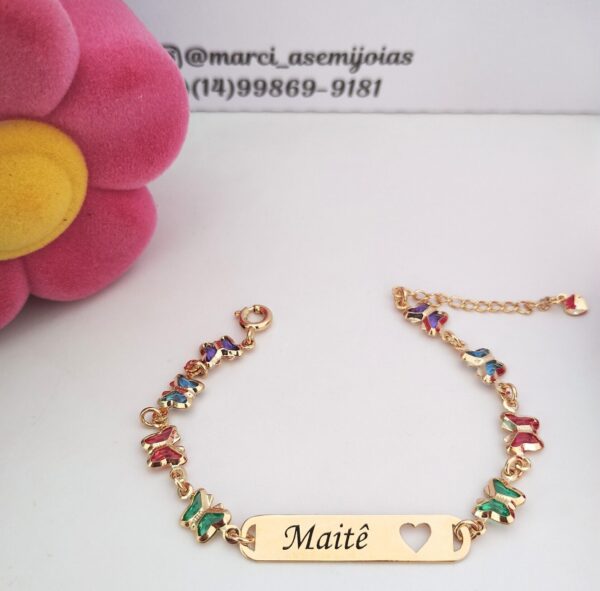 Pulseira infantil Personalizada Borboletas coloridas Banho ouro 18k